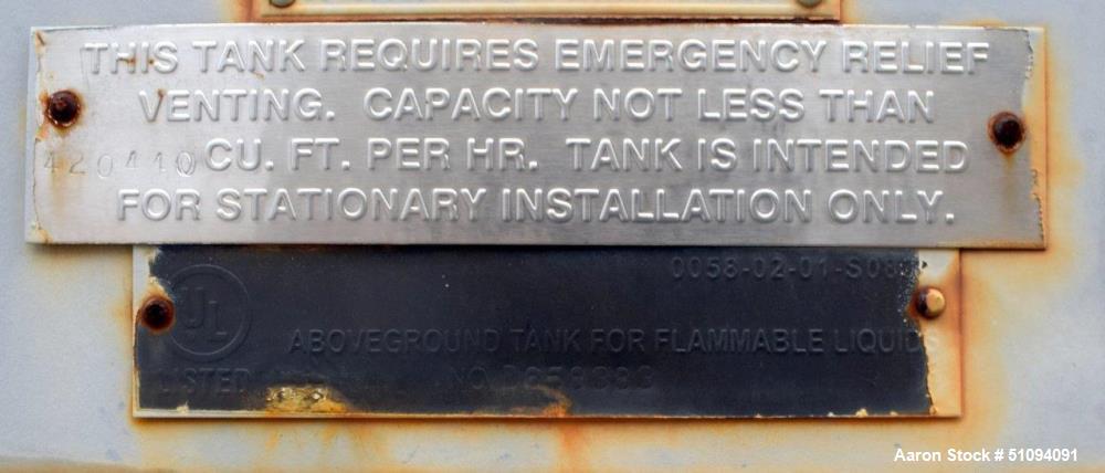 Used Squibb Tank Company Aboveground Flammable Liquid Tank, 15,000 Gallon, A36 Carbon Steel, Vertical. Approximate 143" diameter x 216" straight side, cone top, flat bottom. Openings top 4", 18" man ...