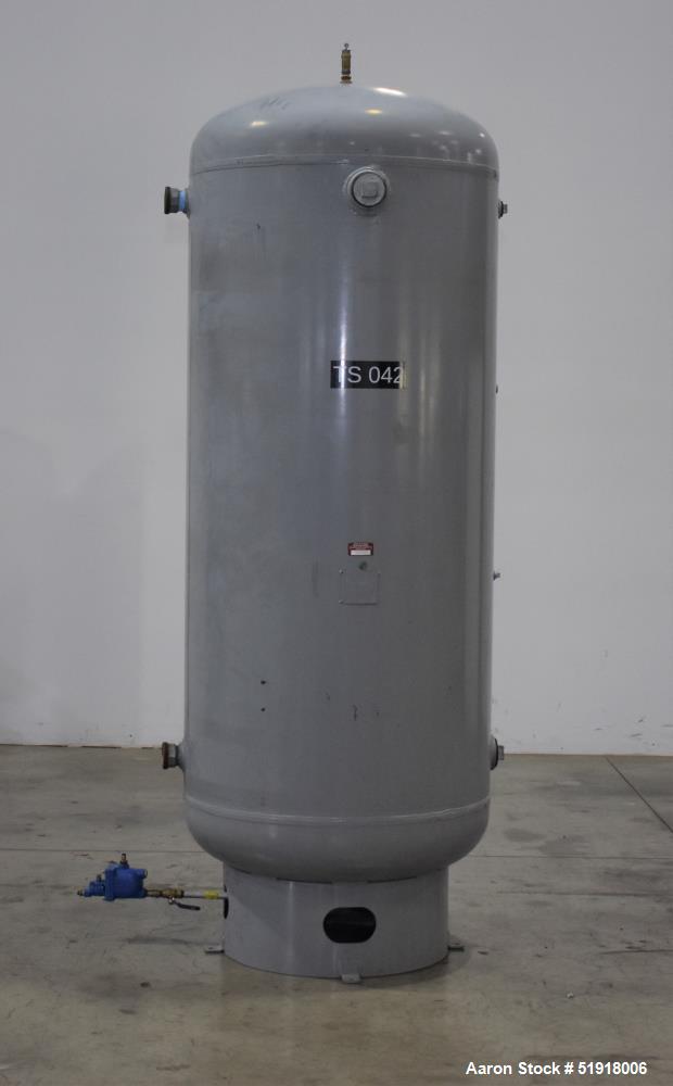 Used- Penway Air Receiver, Approximate 300 Gallon, Vertical, Carbon Steel. Approximate 36" diameter x 72" straight side, dis...