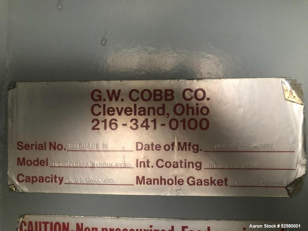 Used-G.W. Cobb 6,000 Gallon Carbon steel Plasite Lined Tank