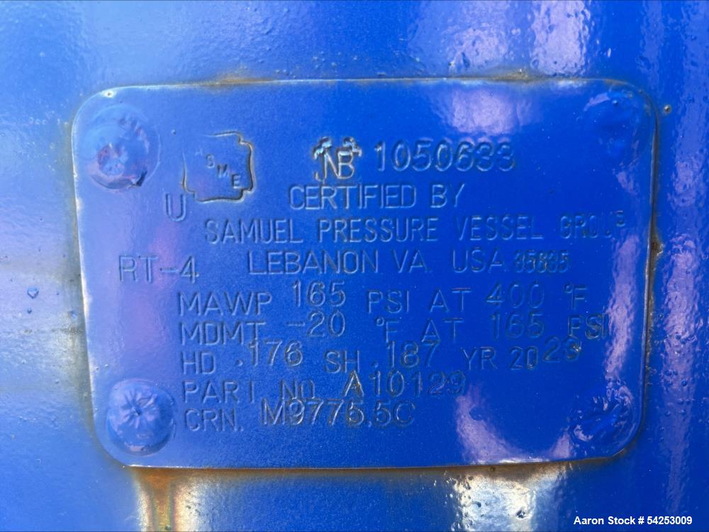 Used Vertical Air Receiver Tank,  carbon-steel ASME-certified pressure vessel manufactured by Samuel Pressure Vessel Group,  The nameplate (NB 1050683) indicates MAWP 165 PSI at 400F and MDMT 20F at ...