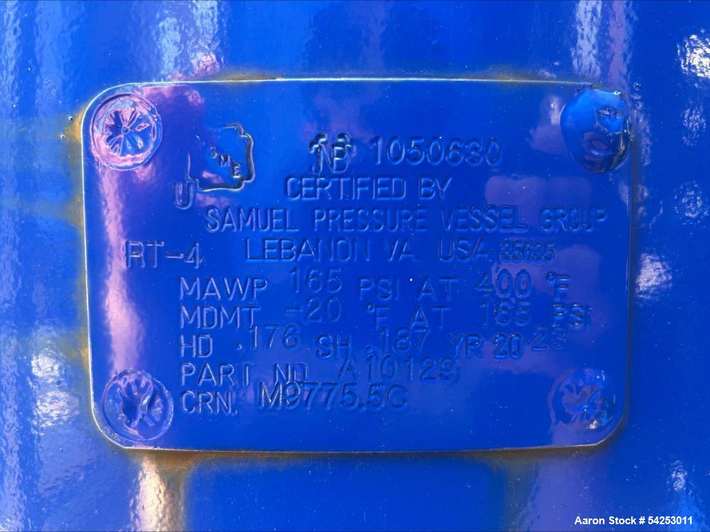Used Air Receiver Tank, vertical ASME-code pressure vessel is manufactured by Samuel Pressure Vessel Group, with a U-stamp and 2023 fabrication year. The vessel is rated for 165 PSI at 400F, with an ...