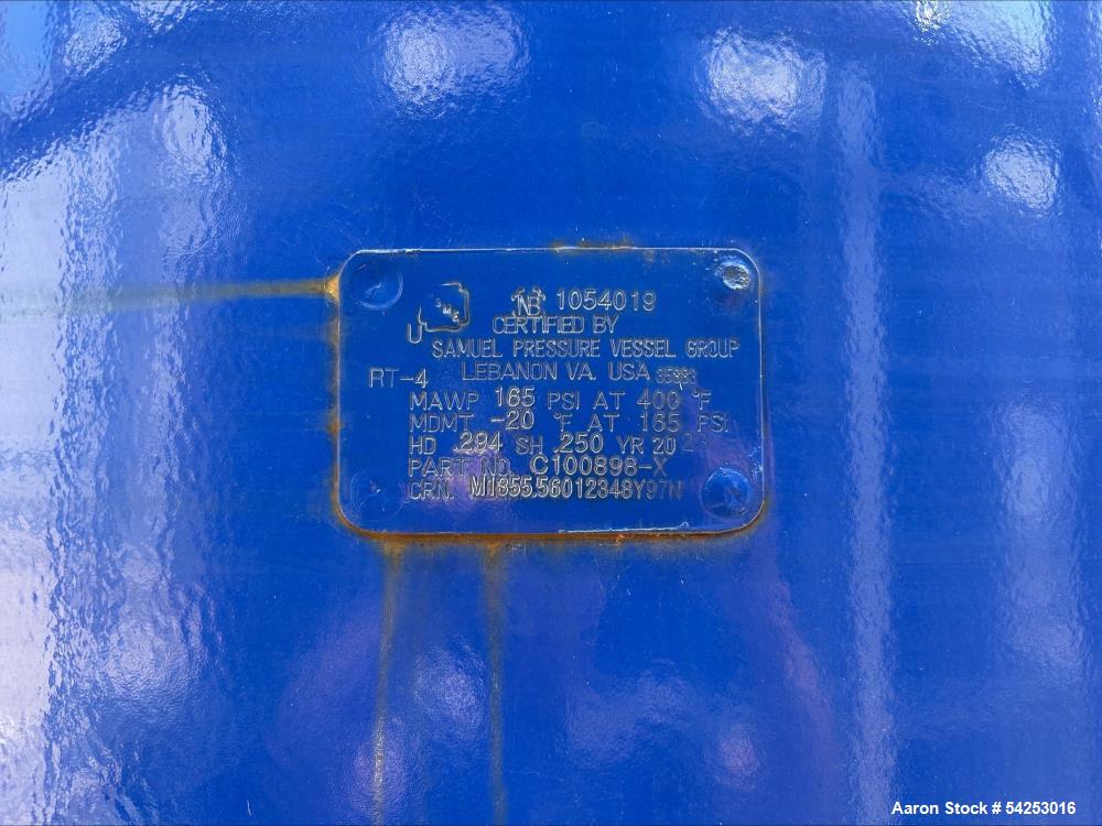 Used Samuel Pressure Vessel Group, Vertical Air Receiver Tank.   ASME-code, Part No. C100898-X, built in 2020, with a certified Maximum Allowable Working Pressure (MAWP) of 165 psi at 400F and a Mini...