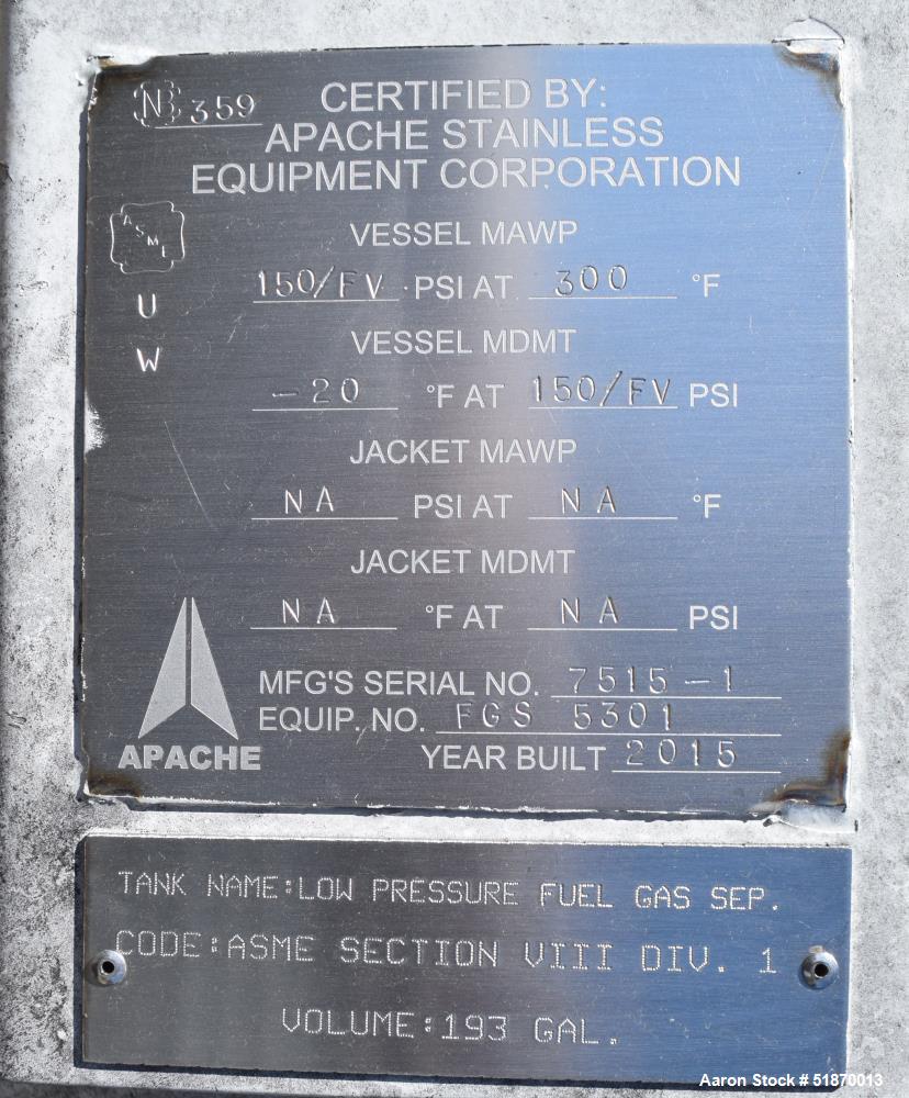 Unused- Apache Pressure Tank, 193 Gallon, Carbon Steel, Vertical. 23.375" Diameter x 93" straight side, 2:1 elliptical heads...