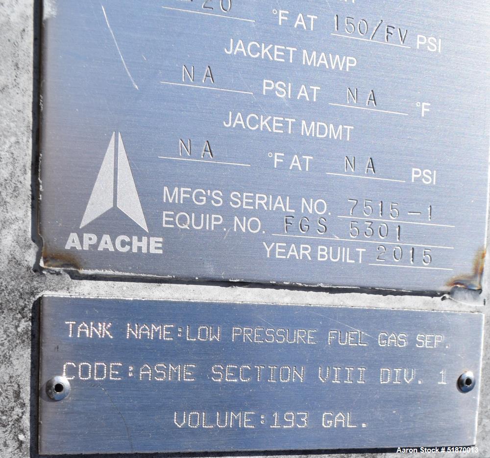 Unused- Apache Pressure Tank, 193 Gallon, Carbon Steel, Vertical. 23.375" Diameter x 93" straight side, 2:1 elliptical heads...