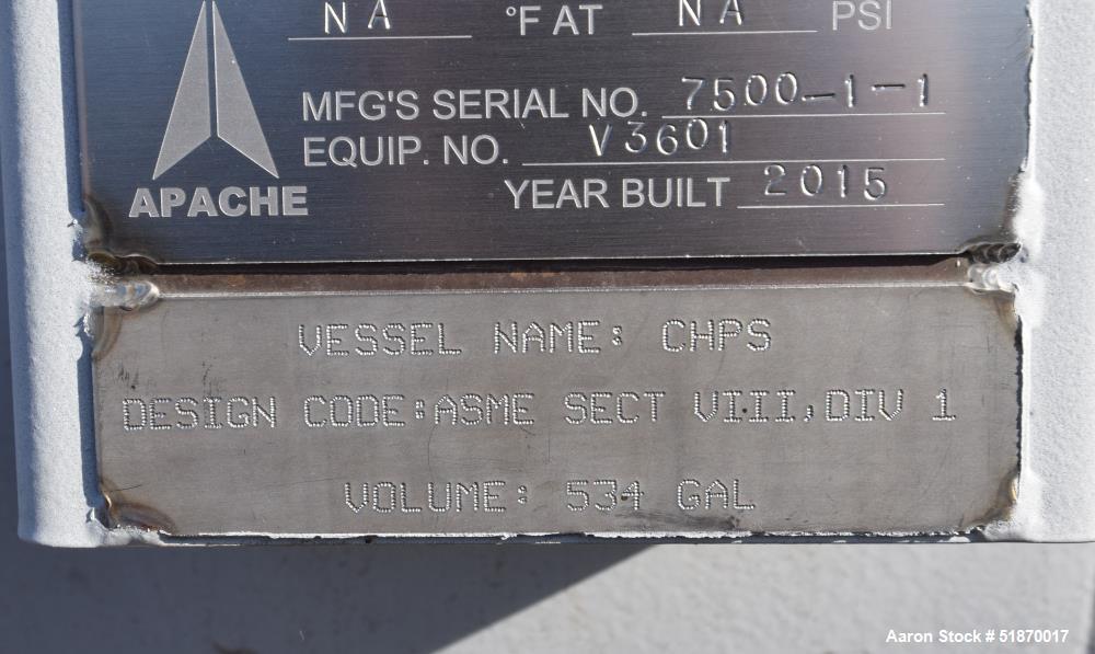 Unused- Apache Pressure Tank, 534 Gallon, Carbon Steel, Horizontal. 33.5" Diameter x 102" straight side, 2:1 elliptical heads. Internal rated 900 psi/FV at -20 to 500 degrees F. Openings shell top 1"...