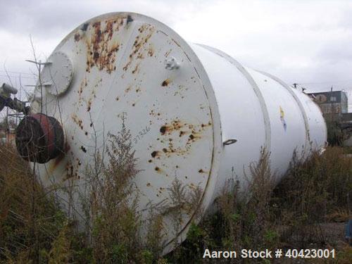 Used Clawson Tank, 18,000 gallon, carbon steel. Approximately 10' diameter x 30' straight side. Flat top and bottom. 24" side bottom manway.