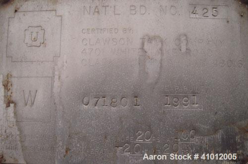 Used Clawson Pressure Tank, 13,504 gallon, SA-516-070 carbon steel, horizontal. 125-1/2" diameter x 222" straight side, dished heads. Internal rated 20 psi at 100 deg F, and -20 deg F at 20 psi. Open...
