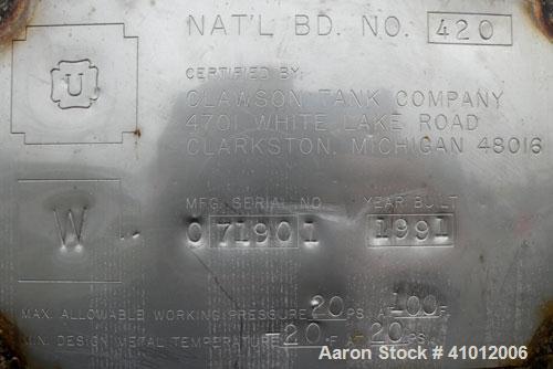 Used Clawson Pressure Tank, 13,504 gallon, SA-516-070 carbon steel, horizontal. 125-1/2" diameter x 222" straight side, dished heads. Internal rated 20 psi at 100 deg F, and -20 deg F at 20 psi. Open...