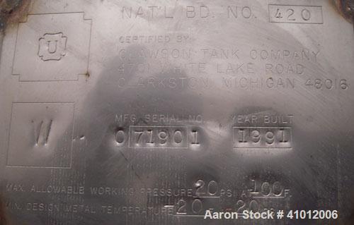 Used Clawson Pressure Tank, 13,504 gallon, SA-516-070 carbon steel, horizontal. 125-1/2" diameter x 222" straight side, dished heads. Internal rated 20 psi at 100 deg F, and -20 deg F at 20 psi. Open...