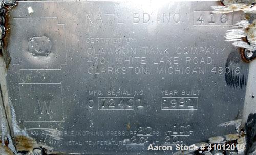 Used Clawson Pressure Tank, 6,708 Gallon, Carbon Steel, Horizontal. 95-1/2" Diameter x 192" straight side, dished heads. Internal rated 20 psi at -20 to 100 degrees F. Openings top 30" man way with c...