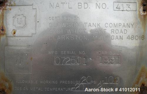 Used Clawson Tank Company 2 Compartment Pressure Tank, 12,336 gallons, 6,168 gallons per compartment, carbon steel, horizontal. Each compartment 125-1/2" diameter x 111" straight side, dished heads. ...