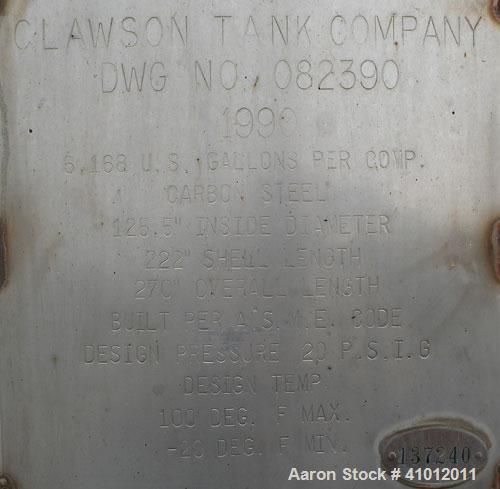 Used Clawson Tank Company 2 Compartment Pressure Tank, 12,336 gallons, 6,168 gallons per compartment, carbon steel, horizontal. Each compartment 125-1/2" diameter x 111" straight side, dished heads. ...