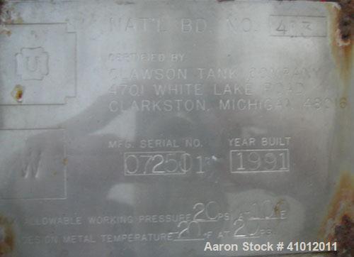 Used Clawson Tank Company 2 Compartment Pressure Tank, 12,336 gallons, 6,168 gallons per compartment, carbon steel, horizontal. Each compartment 125-1/2" diameter x 111" straight side, dished heads. ...