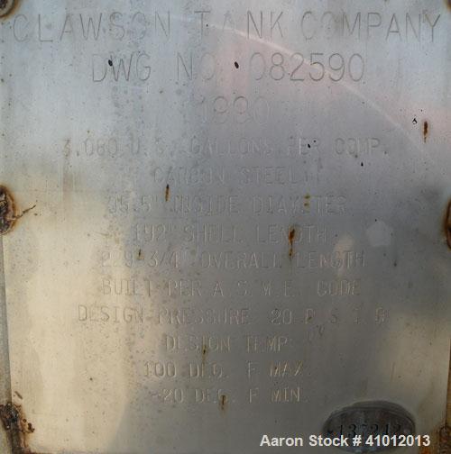 Used Clawson Tank Company 2 Compartment Pressure Tank, 6,160 gallons, 3,080 gallons per compartment, carbon steel, horizontal. Each compartment 95-1/2" diameter x 96" straight side, dished heads. Int...
