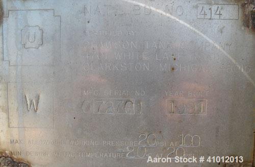 Used Clawson Tank Company 2 Compartment Pressure Tank, 6,160 gallons, 3,080 gallons per compartment, carbon steel, horizontal. Each compartment 95-1/2" diameter x 96" straight side, dished heads. Int...