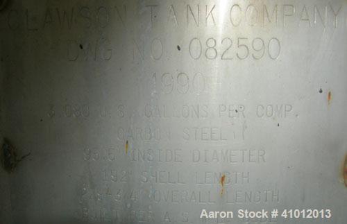 Used Clawson Tank Company 2 Compartment Pressure Tank, 6,160 gallons, 3,080 gallons per compartment, carbon steel, horizontal. Each compartment 95-1/2" diameter x 96" straight side, dished heads. Int...
