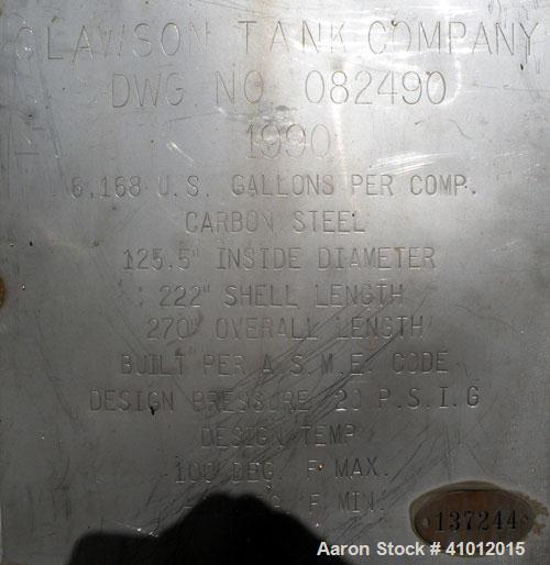 Used Clawson Tank Company 2 Compartment Pressure Tank, 12,336 gallons, 6,168 gallona per compartment, carbon steel, horizontal. Each compartment 125-1/2" diameter x 111" straight side, dished heads. ...