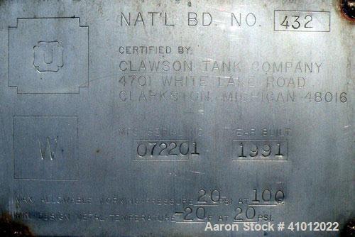 Used Clawson Pressure Tank, 13,504 gallons, SA-516-070 carbon steel, horizontal. 125-1/2" diameter x 222" straight side, dished heads. Internal rated 20 psi at 100 deg F, and -20 deg F at 20 psi. Ope...