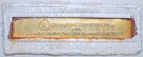 Used Clawson Tank Company Aboveground Flammable Liquid Storage Tank, 7500 Gallon, Carbon Steel. 126’’ Diameter x 144’’ straight side, coned top, flat bottom. UL rated, UL# 892398. Openings top (2) 3-...