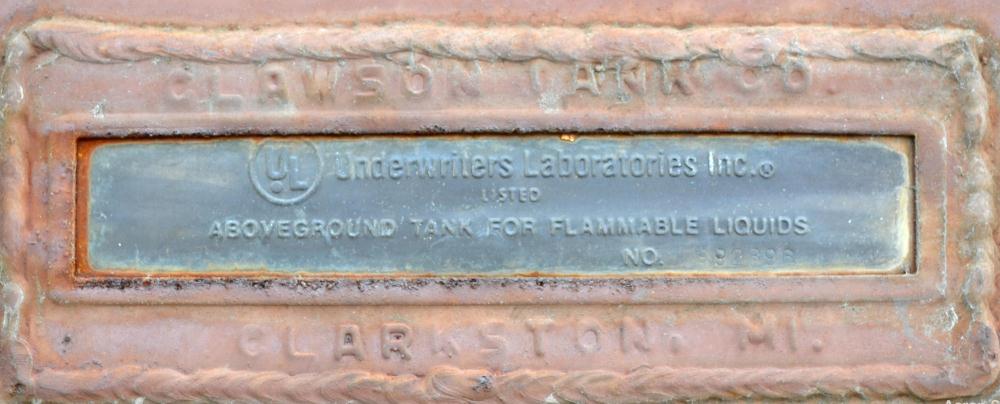 Used Clawson Tank Company Aboveground Flammable Liquid Storage Tank, 7500 Gallon, Carbon Steel. 126’’ Diameter x 144’’ straight side, coned top, flat bottom. UL rated, UL# 892396. Openings top (2) 3-...