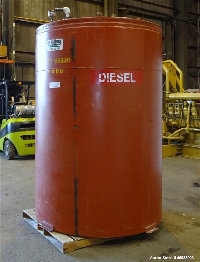 Used Clawson UL Listed Above Ground Diesel Fuel Tank, Approximate 1000 Gallons, Carbon Steel, Vertical. Approximate 60" diameter x 92" straight side, flat top and bottom. Openings top: 3.5", (6) 4", ...