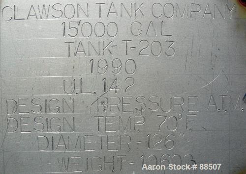 USED: Clawson tank, 15,000 gallon, carbon steel, vertical. 10'6" diameter x 24' straight side. Cone top, flat bottom. Internal rated atmos at 70 deg F. Openings: top 2-1/2", (2) 3", (3) 4", 20"; side...