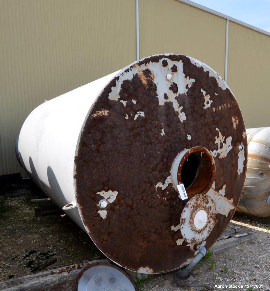 Used Dunn Industries Ultra Tank, 5000 Gallon, Carbon Steel, Vertical. Approximate 96" diameter x 160" straight side, slight coned top, flat bottom. Openings top 18" man way with cover, (3) 2-1/2" thr...