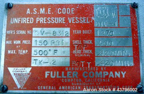 Used Fuller Company Pressure Tank, 3500 Gallon, Carbon Steel. Approximately 96” diameter x 96” straight side, elliptical top and bottom. Internal rated 150 psi at 500 degrees F. Openings: side (4) 8”...