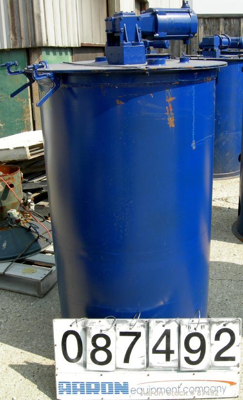 USED: Graco Mix Tank 125 gallons, carbon steel, vertical. 30" diameter x 40" straight side. Flat bolt on top with 1/3 hinged cover, dish bottom. Top mounted agitator, 1" diameter shaft with (2) 2 win...