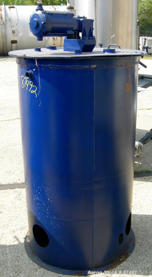 USED: Graco Mix Tank 125 gallons, carbon steel, vertical. 30" diameter x 40" straight side. Flat bolt on top with 1/3 hinged cover, dish bottom. Top mounted agitator, 1" diameter shaft with (2) 2 win...