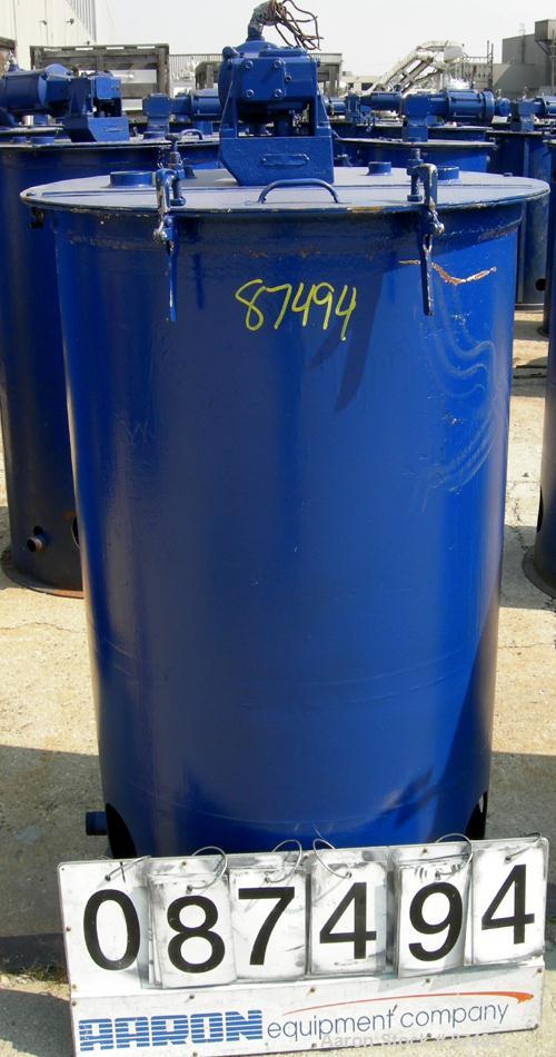 USED: Graco mix tank 125 gallons, carbon steel, vertical. 30" diameter x 40" straight side. Flat bolt on top with 1/3 hinged cover, dish bottom. Top mounted agitator, 1" diameter shaft with (2) 2 win...