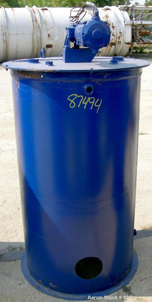 USED: Graco mix tank 125 gallons, carbon steel, vertical. 30" diameter x 40" straight side. Flat bolt on top with 1/3 hinged cover, dish bottom. Top mounted agitator, 1" diameter shaft with (2) 2 win...