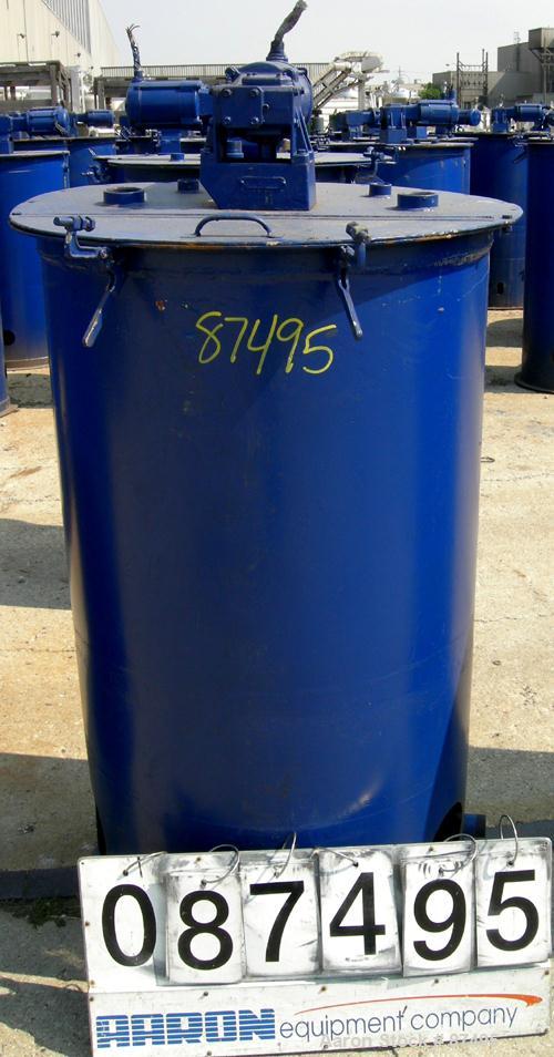 USED: Graco Mix Tank 125 gallons, carbon steel, vertical. 30" diameter x 40" straight side. Flat bolt on top with 1/3 hinged cover, dish bottom. Top mounted agitator, 1" diameter shaft with (2) 2 win...