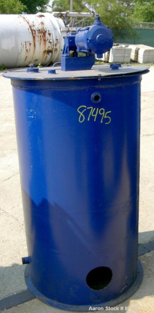 USED: Graco Mix Tank 125 gallons, carbon steel, vertical. 30" diameter x 40" straight side. Flat bolt on top with 1/3 hinged cover, dish bottom. Top mounted agitator, 1" diameter shaft with (2) 2 win...