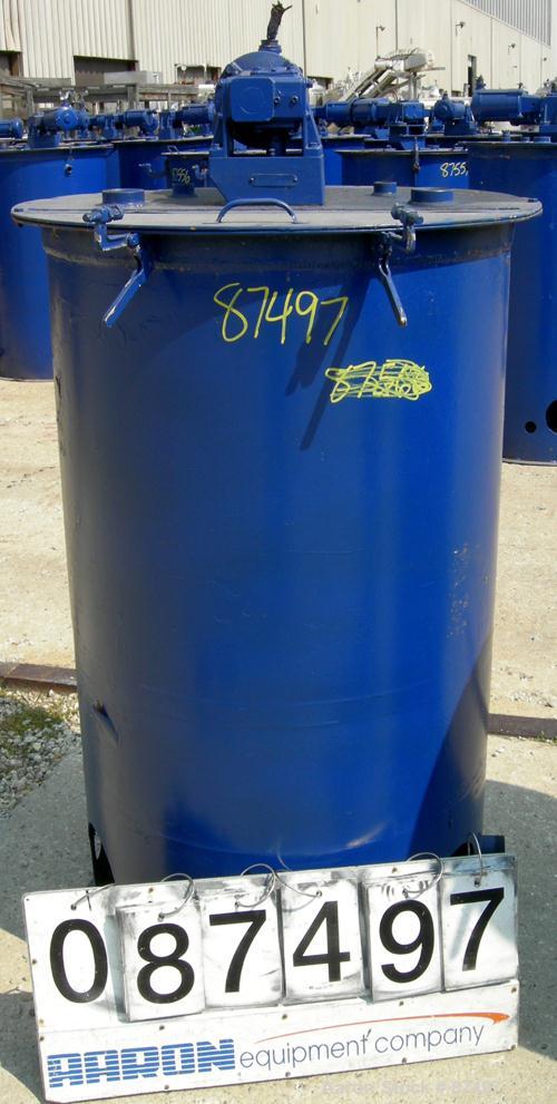 USED: Graco Mix Tank 125 gallons, carbon steel, vertical. 30" diameter x 40" straight side. Flat bolt on top with 1/3 hinged cover, dish bottom. Top mounted agitator, 1" diameter shaft with (2) 2 win...