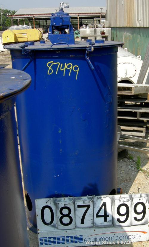 USED: Graco Mix Tank 125 gallons, carbon steel, vertical. 30" diameter x 40" straight side. Flat bolt on top with 1/3 hinged cover, dish bottom. Top mounted agitator, 1" diameter shaft with (2) 2 win...