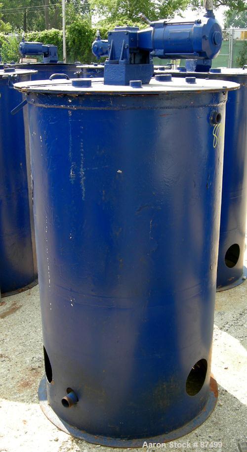 USED: Graco Mix Tank 125 gallons, carbon steel, vertical. 30" diameter x 40" straight side. Flat bolt on top with 1/3 hinged cover, dish bottom. Top mounted agitator, 1" diameter shaft with (2) 2 win...