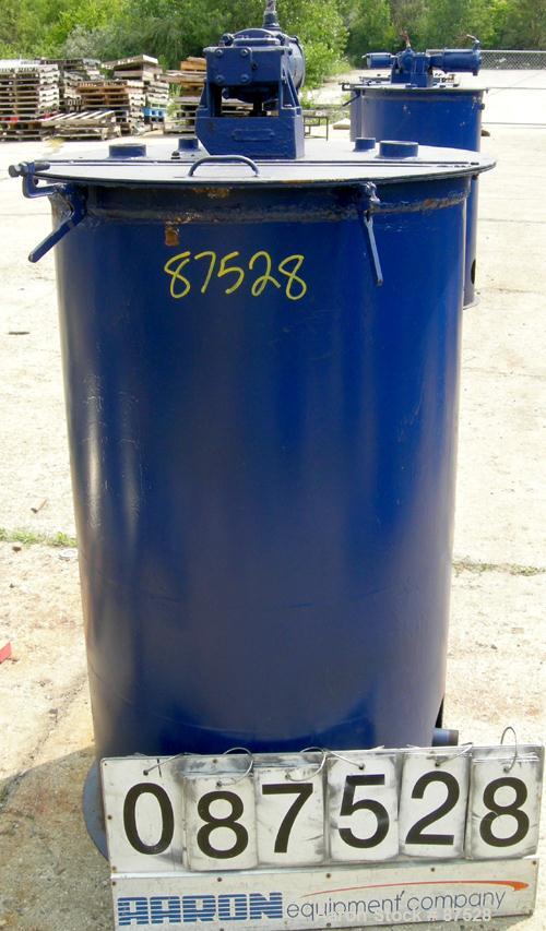 USED: Graco Mix Tank 125 gallons, carbon steel, vertical. 30" diameter x 40" straight side. Flat bolt on top with 1/3 hinged cover, dish bottom. Top mounted agitator, 1" diameter shaft with (2) 2 win...
