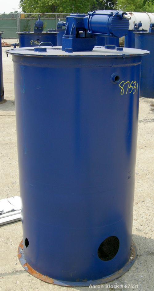 USED: Graco Mix Tank 125 gallons, carbon steel, vertical. 30" diameter x 40" straight side. Flat bolt on top with 1/3 hinged cover, dish bottom. Top mounted agitator, 1" diameter shaft with (2) 2 win...