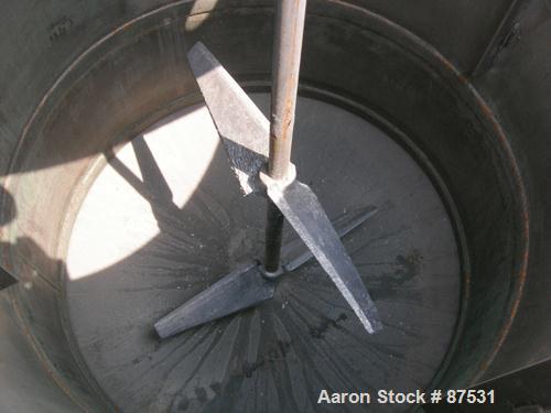 USED: Graco Mix Tank 125 gallons, carbon steel, vertical. 30" diameter x 40" straight side. Flat bolt on top with 1/3 hinged cover, dish bottom. Top mounted agitator, 1" diameter shaft with (2) 2 win...