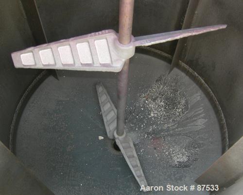 Used Graco Mix Tank, 100 Gallon, Carbon Steel, Vertical. 30" Diameter x 33" straight side. Flat bolt on top with 1/3 hinged cover, dish bottom. Top mounted agitator, 1" diameter shaft with (2) 2 wing...
