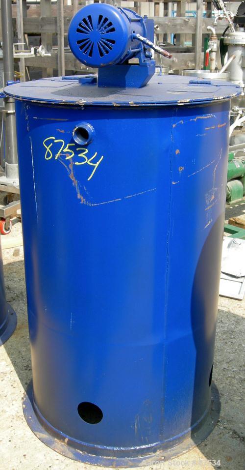 USED: Graco Mix Tank, 100 gallon, carbon steel, vertical. 30" diameter x 33" straight side. Flat bolt on top with 1/3 hinged cover, dish bottom. Top mounted agitator, 1" diameter shaft with (2) 2 win...