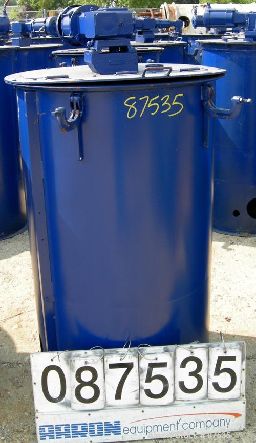 USED: Graco Mix Tank, 100 gallon, carbon steel, vertical. 30" diameter x 33" straight side. Flat bolt on top with 1/3 hinged cover, dish bottom. Top mounted agitator, 1" diameter shaft with (3) 2 win...
