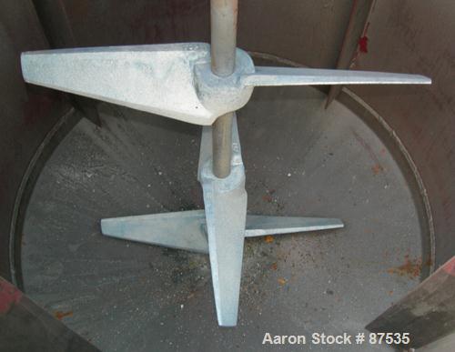 USED: Graco Mix Tank, 100 gallon, carbon steel, vertical. 30" diameter x 33" straight side. Flat bolt on top with 1/3 hinged cover, dish bottom. Top mounted agitator, 1" diameter shaft with (3) 2 win...