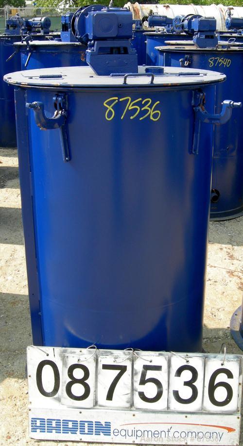 USED: Graco Mix Tank, 100 gallon, carbon steel, vertical. 30" diameter x 33" straight side. Flat bolt on top with 1/3 hinged cover, dish bottom. Top mounted agitator, 1" diameter shaft with (3) 2 win...