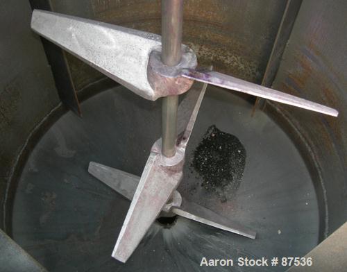 USED: Graco Mix Tank, 100 gallon, carbon steel, vertical. 30" diameter x 33" straight side. Flat bolt on top with 1/3 hinged cover, dish bottom. Top mounted agitator, 1" diameter shaft with (3) 2 win...