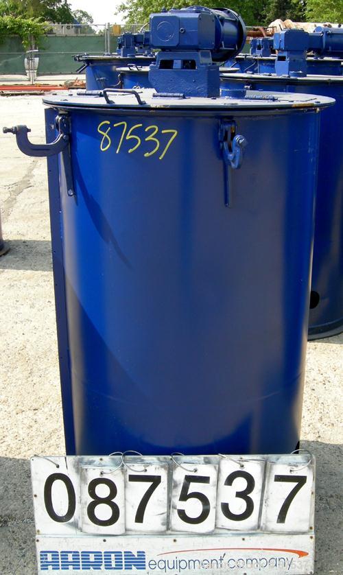 USED: Graco Mix Tank, 100 gallon, carbon steel, vertical. 30" diameter x 33" straight side. Flat bolt on top with 1/3 hinged cover, dish bottom. Top mounted agitator, 1" diameter shaft with (2) 2 win...