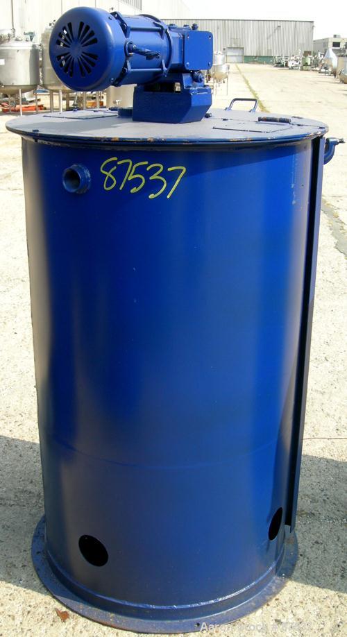 USED: Graco Mix Tank, 100 gallon, carbon steel, vertical. 30" diameter x 33" straight side. Flat bolt on top with 1/3 hinged cover, dish bottom. Top mounted agitator, 1" diameter shaft with (2) 2 win...