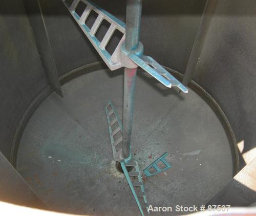 USED: Graco Mix Tank, 100 gallon, carbon steel, vertical. 30" diameter x 33" straight side. Flat bolt on top with 1/3 hinged cover, dish bottom. Top mounted agitator, 1" diameter shaft with (2) 2 win...