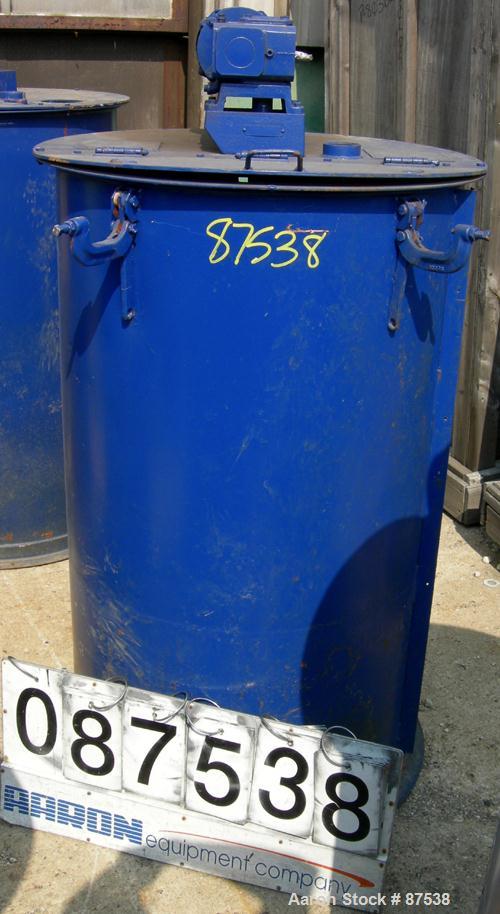 USED: Graco Mix Tank, 100 gallon, carbon steel, vertical. 30" diameter x 33" straight side. Flat bolt on top with 1/3 hinged cover, dish bottom. Top mounted agitator, 1" diameter shaft with (2) 2 win...